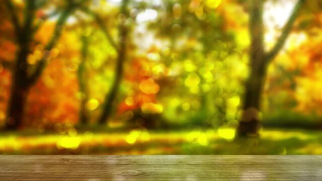 idyllic autumn forest background with empty wooden table for product display, bright colorful blurred sun lights in a park, beautiful nature scene outdoors
