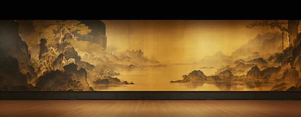 Traditionelle asiatische Wandmalerei mit warmer goldener Farbe, 5, generative AI