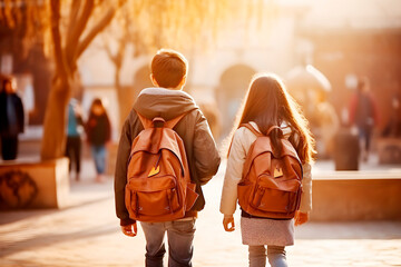 Fototapeta Vista trasera de dos niños con mochila escolar caminando hacia la vuelta del colegio. Concepto de educación y regreso a la escuela. obraz