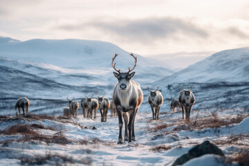 Reindeer herd in the fells in Lapland