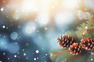 Fototapeta na wymiar Christmas bokeh background with pine branches, cones, and space for text