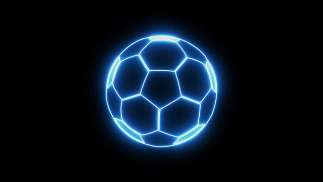 4K Glowing neon Soccer football ball icon isolated on black background. 4K Video motion graphic animation. Sport equipment. Glowing line football icon in blue color.