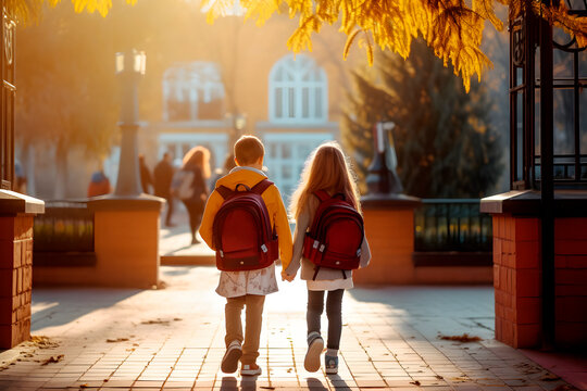 Vista trasera de una pareja de ni&ntilde;os amigos de la mano con mochila escolar van caminando a la puerta del colegio. Concepto de educaci&oacute;n y regreso a la escuela.