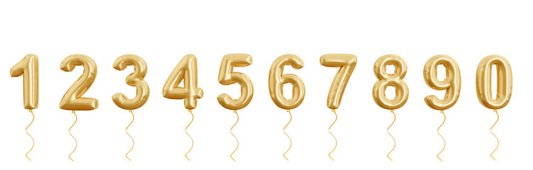 Set of gold 3d balloon numbers set, isolated on white background. Helium balloons. Party, sales, birthday, celebrate anniversary and wedding. Realistic design elements. Festive set isolated.