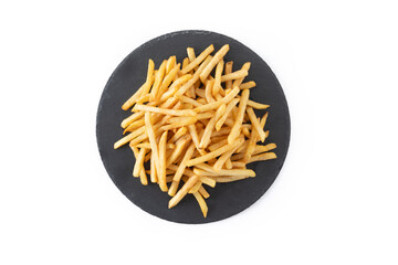 Fried potatoes, french fries isolated on white background.  Top view
