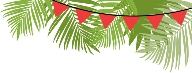 Traditional Sukkah for the Jewish Holiday Sukkot. Tropical palm tree leaves frame, colorful bunting, garlands, paper lanterns decoration.