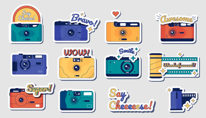 Camera stickers. Retro movie and photography camera badge, vintage film strip and photo accessory. Vector camera doodle set