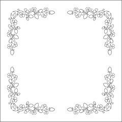 Black and white vegetal ornamental frame with wild flowers, decorative border, corners for greeting cards, banners, business cards, invitations, menus. Isolated vector illustration.