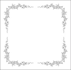 Black and white vegetal ornamental frame with wild flowers, decorative border, corners for greeting cards, banners, business cards, invitations, menus. Isolated vector illustration.