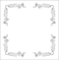 Black and white vegetal ornamental frame with wild flowers, decorative border, corners for greeting cards, banners, business cards, invitations, menus. Isolated vector illustration.