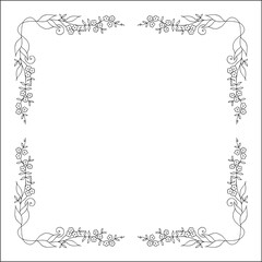 Black and white vegetal ornamental frame with wild flowers, decorative border, corners for greeting cards, banners, business cards, invitations, menus. Isolated vector illustration.
