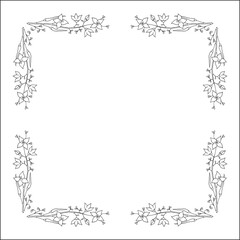 Black and white vegetal ornamental frame with wild flowers, decorative border, corners for greeting cards, banners, business cards, invitations, menus. Isolated vector illustration.