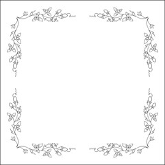 Black and white vegetal ornamental frame with wild flowers, decorative border, corners for greeting cards, banners, business cards, invitations, menus. Isolated vector illustration.
