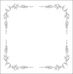 Black and white vegetal ornamental frame with wild flowers, decorative border, corners for greeting cards, banners, business cards, invitations, menus. Isolated vector illustration.