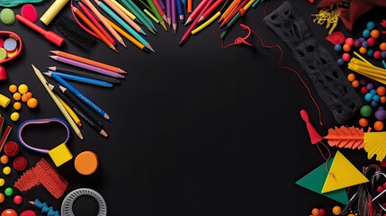 School supplies on black background. Back to school concept. Top view.