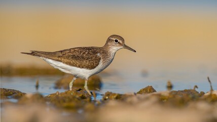 Common Sandpiper (Actitis hypoleucos) is a wetland bird that feeds on mollusks near lakes and streams. It is a common bird in Asia, Europe, Africa and Australia. - obrazy, fototapety, plakaty