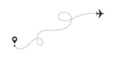 Airplane routes vector icon. Plane paths symbol. Aircraft tracking, planes, travel, map pins, location pins. Vector illustration of travel icon. Trip, travel, holiday vector icon