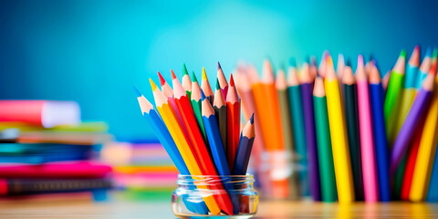 Fototapeta premium Vibrant back to school background with colorful pencils, books, and stationery arranged in a creative composition. Generative Ai