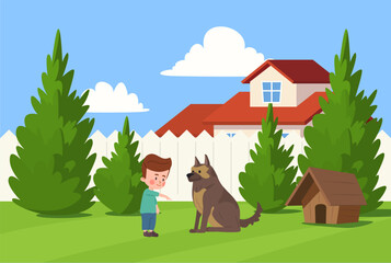 Obraz na płótnie Canvas Little boy training big dog to do tricks, sit command, dog training on the lawn near house cartoon vector illustration