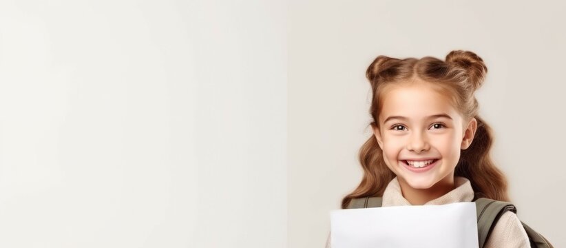 Generative AI image of copy space banner of back to school little girl with a school bag smiling