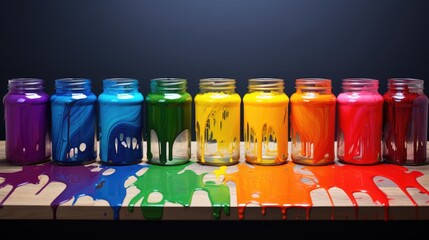 Empty glass jars with bright colors. Spilled paints on a dark background. AI