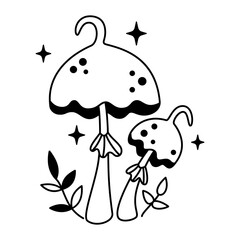 Vector witchy magical mushrooms with stars and dots in black color. Outline magic mushrooms and leaves. Fairytale esoteric mushrooms.