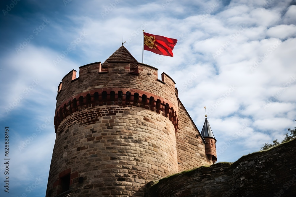 Sticker A close-up photo of a castle tower with a flag waving in the wind, symbolizing authority and power in medieval times