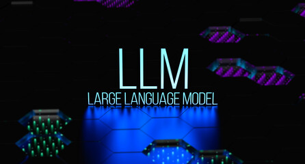 LLM Large Language Model text, definition concept neon. 3D render