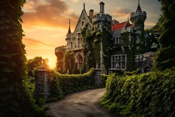 A romantic image of a Gothic castle with ivy-covered walls bathed in the warm glow of sunset.