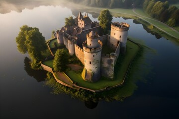 An awe-inspiring aerial photo of a medieval castle surrounded by a moat, highlighting the grandeur and the defensive architecture.