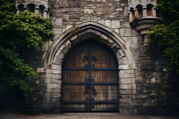 A close-up photograph of a medieval castle gate, showcasing intricate designs and solid structure