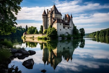Fototapeta na wymiar A tranquil photo of a medieval castle mirrored in a calm lake, inspiring a sense of serenity and reflection.