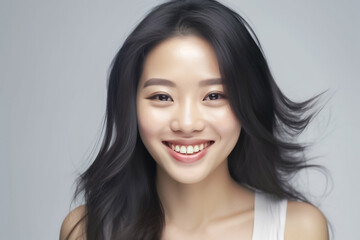 Naklejka premium A young and beautiful Asian girl lights up the frame with her enchanting smile, dressed in a crisp white vest, set against a clean and immaculate white background. generative AI.