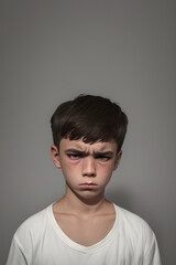 Obraz premium A young boy that has a very upset look on his face.