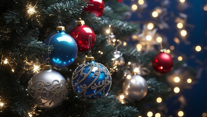 Obraz na płótnie Canvas Embrace Festive Glitz: Adding Sparkle to Your Christmas Tree and Baubles Amidst Twinkling Lights!