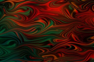 Fototapeta na wymiar Background, blending of red, green, black and orange, decorative pattern resembling waves or reflections of colours on dark water surface