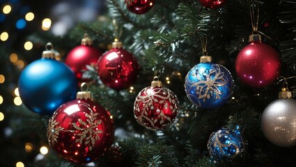 Obraz na płótnie Canvas Embrace Festive Glitz: Adding Sparkle to Your Christmas Tree and Baubles Amidst Twinkling Lights!