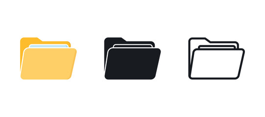 Minimalistic computer file folder with paper document inside vector icon set. Flat style, fill and linear folder icon.