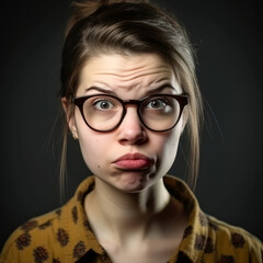 Fototapeta na wymiar Junge Frau mit Brille und frustriertem Gesichtsausdruck 