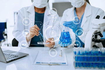 Scientist two woman with tablet and laptop, laboratory and ecofriendly science. Agriculture, research and scientists with online reading, test samples for global warmingand tech. with virtual icon 