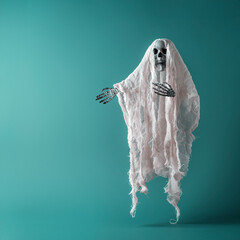 Creative Halloween Concept. Horrible ghost on a blue background points his hand to an empty space.