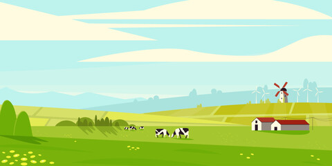 Rural summer landscape. Farm panorama with fields and animals. Horizontal country scenery with meadow and farm buildings. Vector illustration