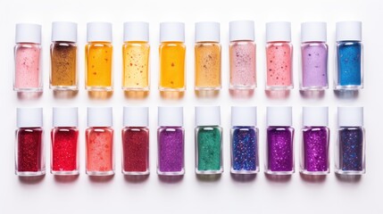 Group of bright nail polishes isolated on white. Bottles of nail polish. AI