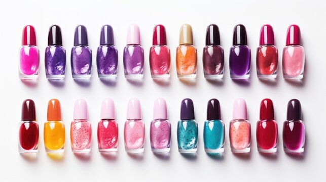 Group of bright nail polishes isolated on white. Bottles of nail polish. AI