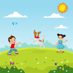 Obraz na płótnie Canvas Cartoon Cute Kids playing in the Garden
