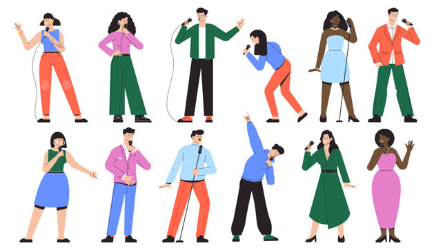 Singer characters. Cartoon singers with microphone in different poses, traditional folk artists with singing voice for party invitation design. Vector set