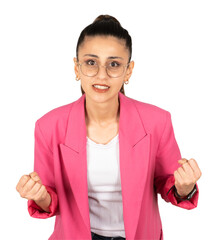 Angry woman, portrait of annoyed pissed caucasian brunette angry woman. Clench fist, looking...