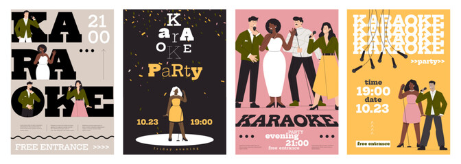 Karaoke posters. Cartoon karaoke banners with singer and microphone, retro pop music concert with singer. Vector karaoke performance set - obrazy, fototapety, plakaty
