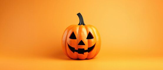 Funny evil pumpkin smiling on orange background. Halloween joyful decorative banner.