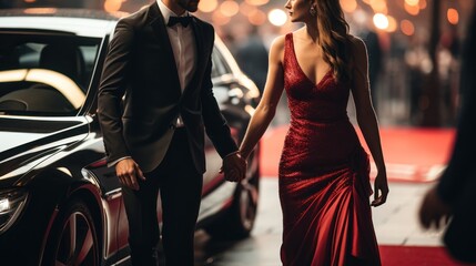 Luxury couple in red evening dress walking on the red carpet